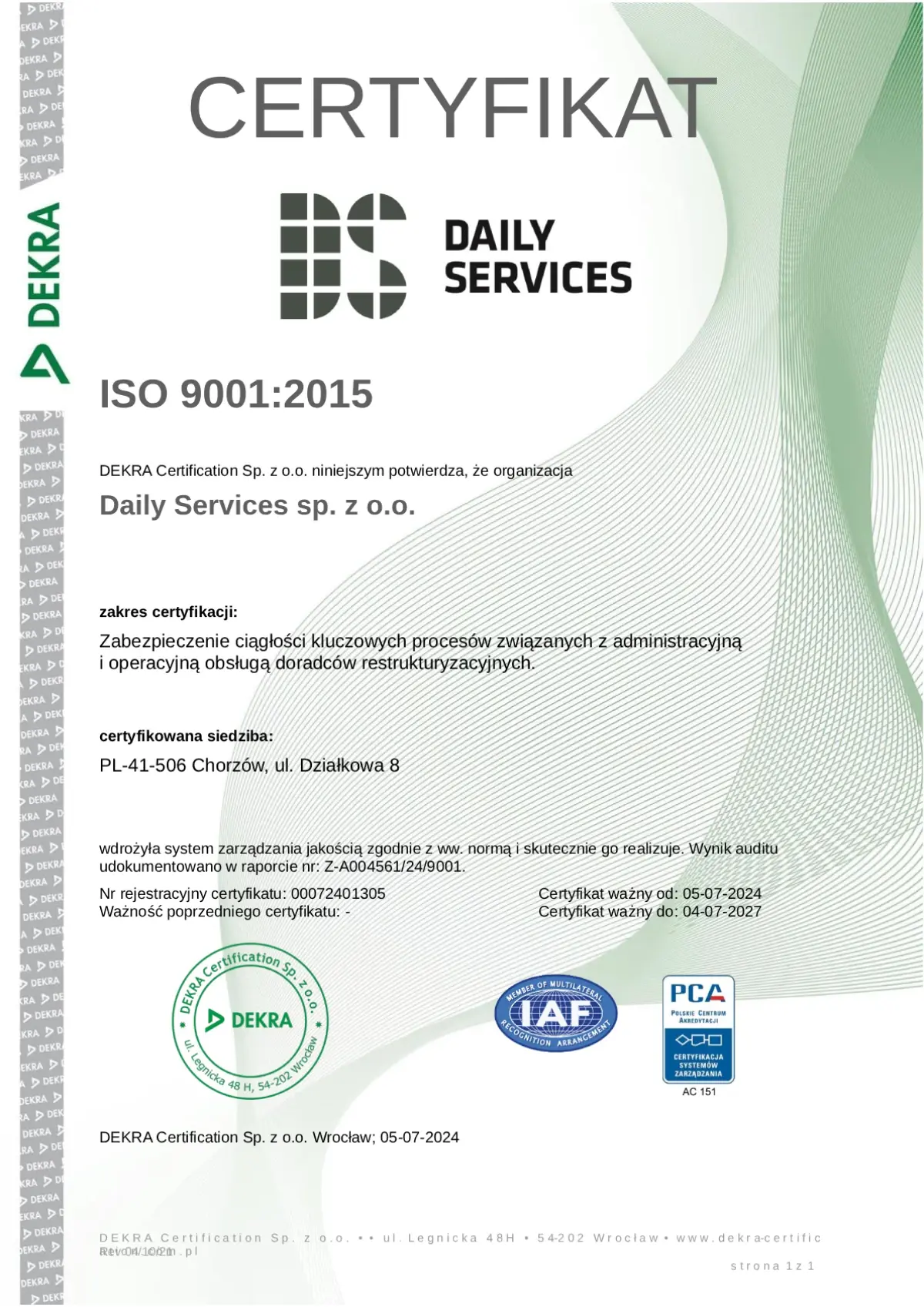 Podgląd certyfikatu ISO 9001